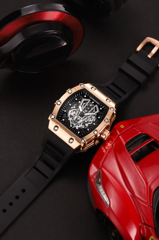 Image of Giordano Analog Quartz Watch for Men with Skeleton Rectangle Dial, Date Function, Luminous Hands and Markers, Silicone Strap - GZ-50237