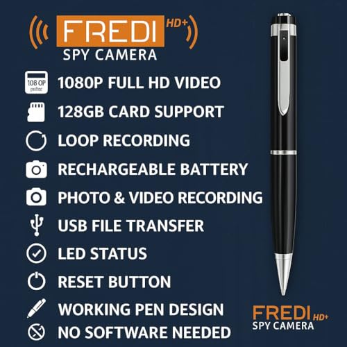 Image of FREDI HD PLUS 1080P Full HD Pen Camera with Audio & Video Recording | 80 Min Rechargeable Battery | 128GB SD Card Support | USB & OTG Playback | Portable Recorder for Meetings & Classes