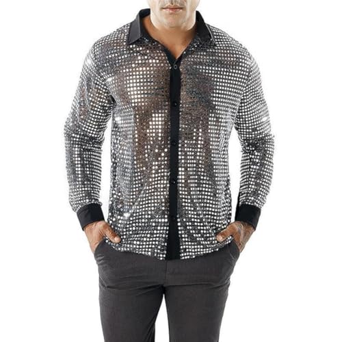 Camisa Brillante para Hombres, Lentejuelas de Manga Larga 70 los años 80 Camisa Disfraces Disco, Camiseta de Baile Brillante botón Retro, Tops Frontales Malla Transparente para Fiesta Club Nocturno