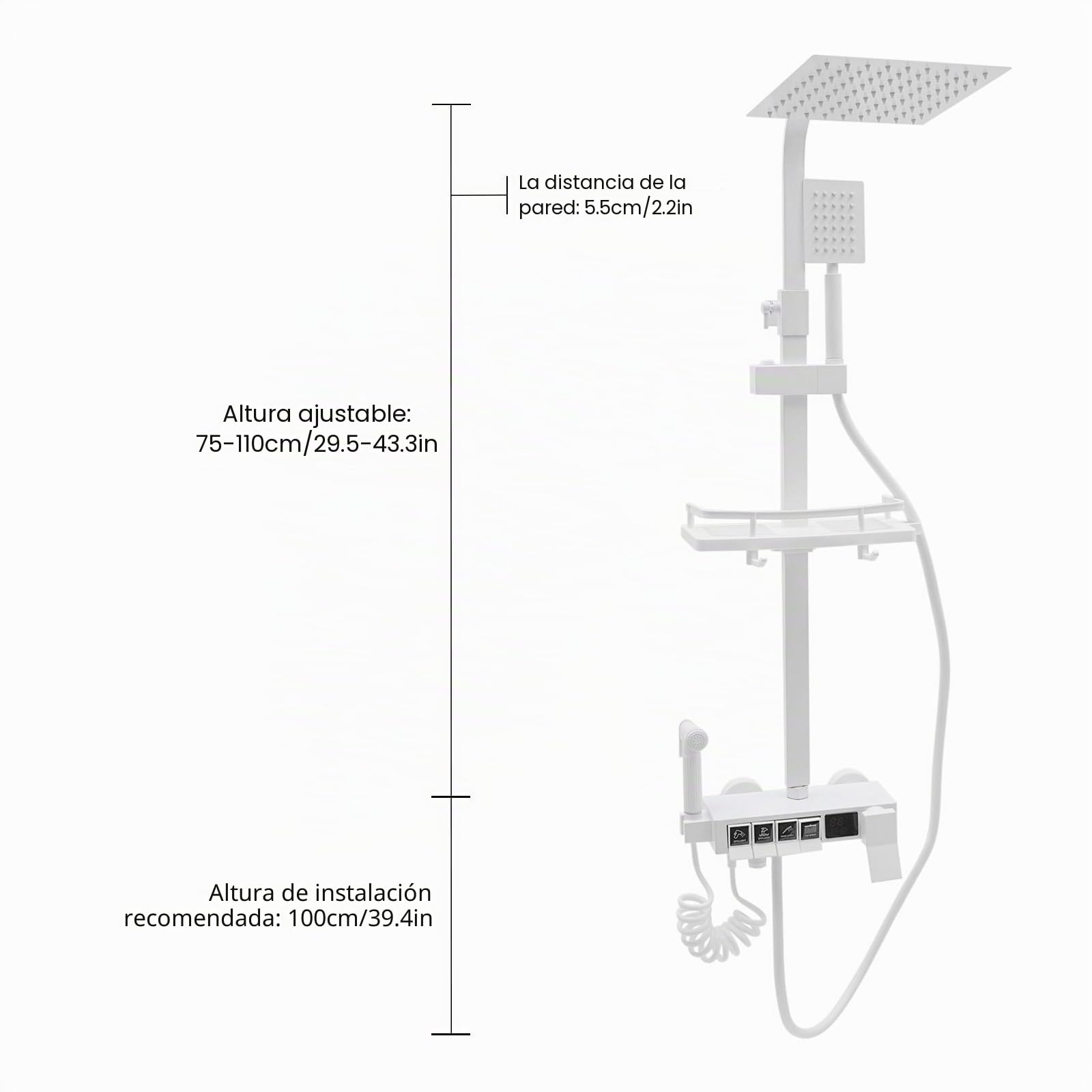 Sistema de ducha con lluvia con grifería, juego completo de grifería de ducha con 4 salidas, alcachofa de mano, alcachofa de cabeza, juego de ducha para baño y hotel con pantalla LED (Blanco)