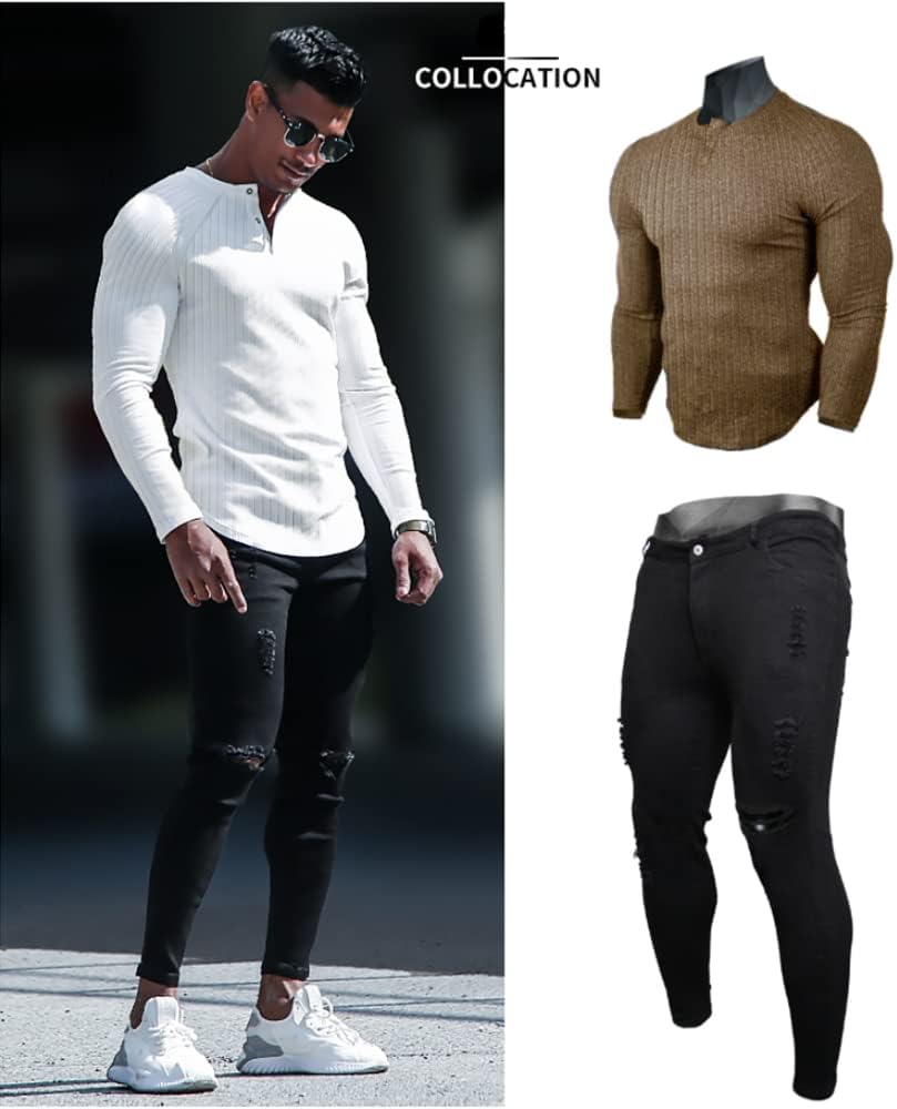 Muscle Cmdr Men's Ribbed Henley Shirt Short Sleeve Slim Fit Muscle Shirt Fitted Cotton Casual Long Sleeve - Image 5