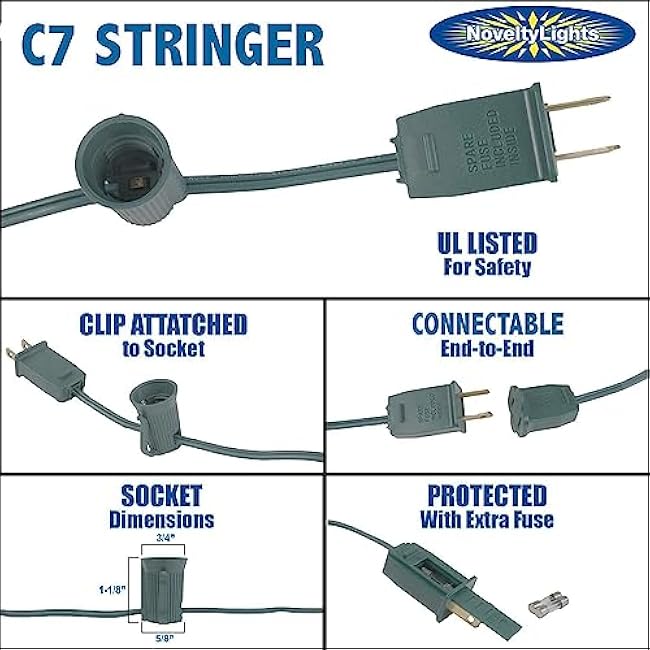 Novelty Lights 25 Foot C7 Outdoor String Light Christmas Stringer - Patio String Lights - Candelabra Base (C7/E12) - 12 Spacing - Green Wire