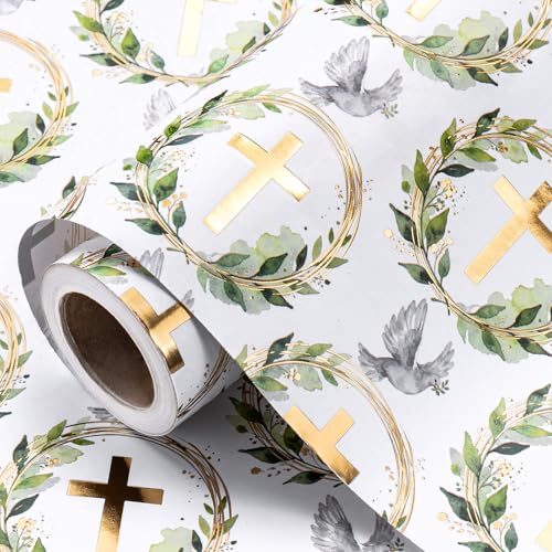 RUSPEPA Cross Wrapping Paper Roll Mini Roll Elegant Gold Foil Cross White Dove & Wreath Design Gift Wrap for Baptism First Communion Confirmation Easter Church Celebration 17 Inch x 16.4 Feet