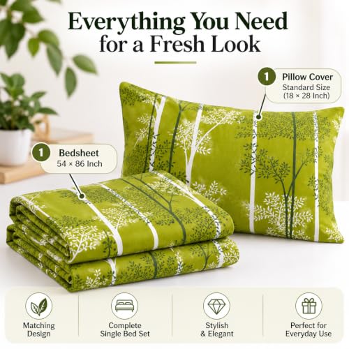 Image of Cottington Lane Cotton Single Bedsheet 68x90 Inch, Green Forest Escape