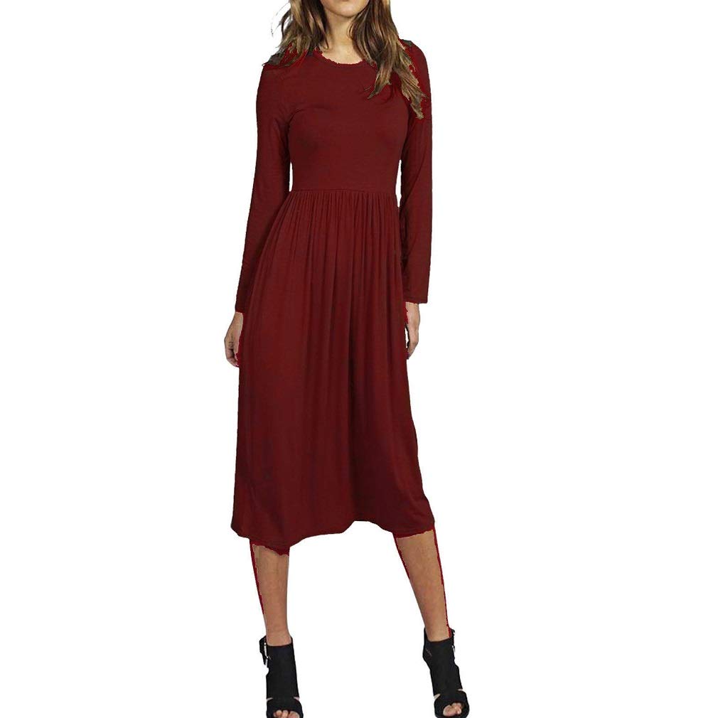 Metluq M0d4 Women's Wine New Frankie Swing Dress Flared Skater Jersey Plain Long Sleeve Midi 8-26 (, Uk 16-18)