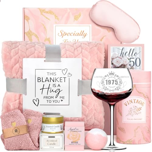50th Birthday Gifts for Women - 50th Birthday Gifts for Her Happy Birthday Gifts for 50 Year Old Woman with Blankets Wine Glass 1975 Rose SPA Gifts Care Package for Women, Mom, Sister, Friend, Wife