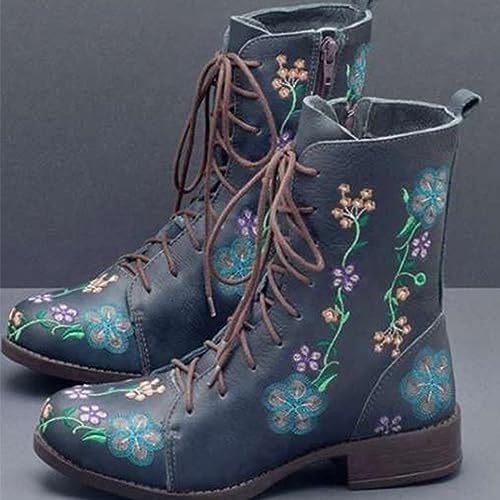 Boots for Women Printed Embroidery Boots Slipper Round Toe Chunky Heel Boots Outdoor Lace Up Mid Calf Boots3