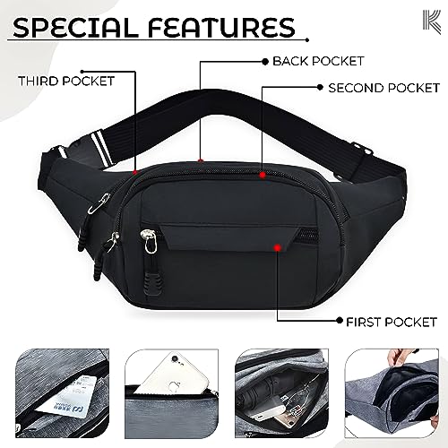 Image of Kraptick Premium Unisex Waist Bag for Men and Women - Stylish Hip Bag, Fanny Pack, Travel Money Belt (Black)