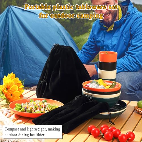 Kyraton Camping Besteck Set, wiederverwendbarer Leichter Becher, Schalen, Teller und Edelstahlbesteck mit schwarzer Tasche, spülmaschinenfest