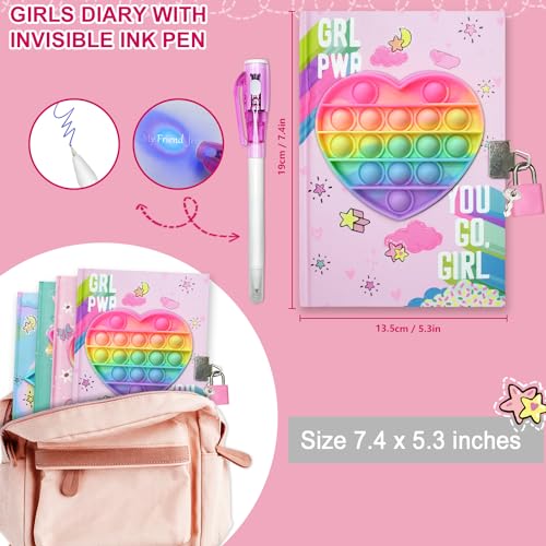 Pop Secret Diary for Girls with Invisible Pen, 7.5x5.4 Inch 160 Pages Heart Fidget Girls Diary with Lock & Invisible Ink Double-end Pen Kids Notebook Gifts for Girls Birthday Presents 5-12 Year Old