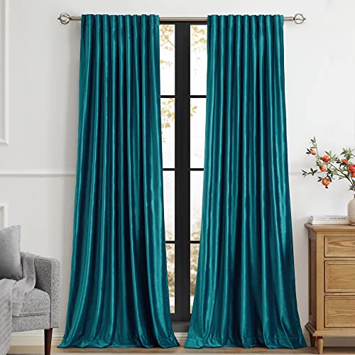 Image of PRIMROSE Teal Velvet Curtains 84 inch Long for Living Room,Set of 2 Panels Blackout Rod Pocket Back Tab Window Treatment Room Darkening Heavy Decorative Curtains Drapes for Bedroom