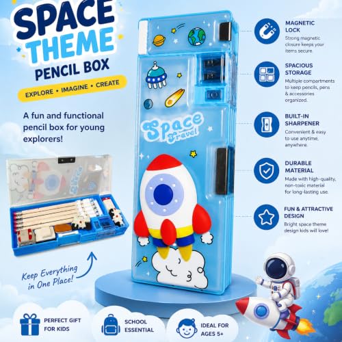 Image of ZAFCO Plastic Astronaut Magnetic Pencil Box for Kids | Large Capacity Space Theme Compass for Boys for School | Stationaries Organizer Return Gift | Pack of 1, Blue