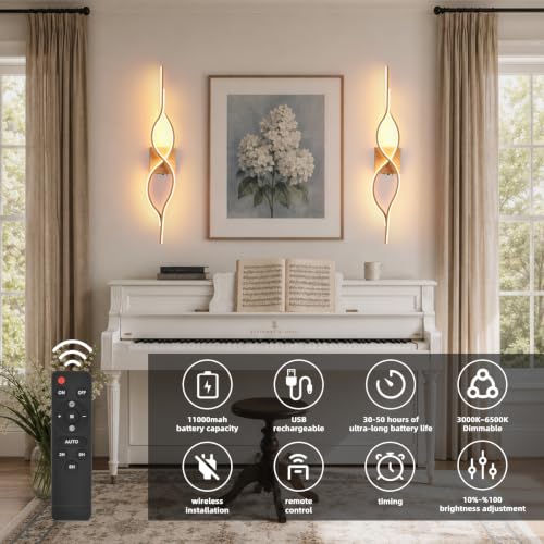 Image of Battery Operated Wall Sconces Set of 2, Wood 31.4'' LED Dimmable Wall Sconce with Remote Control, Adjustable Color Temperature Brightness for Living Room Bedroom and Hallway USB Rechargeable Lighting