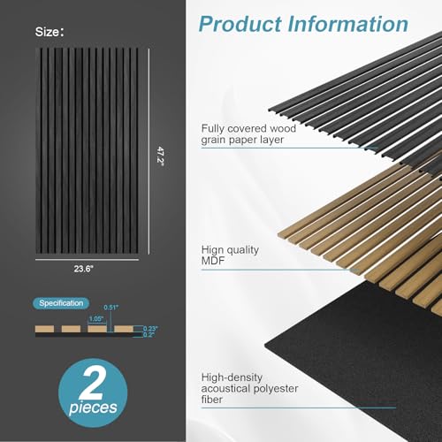 Image of Wood Slat Acoustic Wall Panels, Black, 2 Pack, 47.2 x 23.6 in