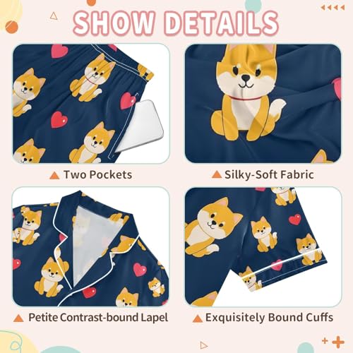 senya Cute Corgi Heart Satin Summer Pajama Sets Silk Short Sleeve Button Down Sleepwear3