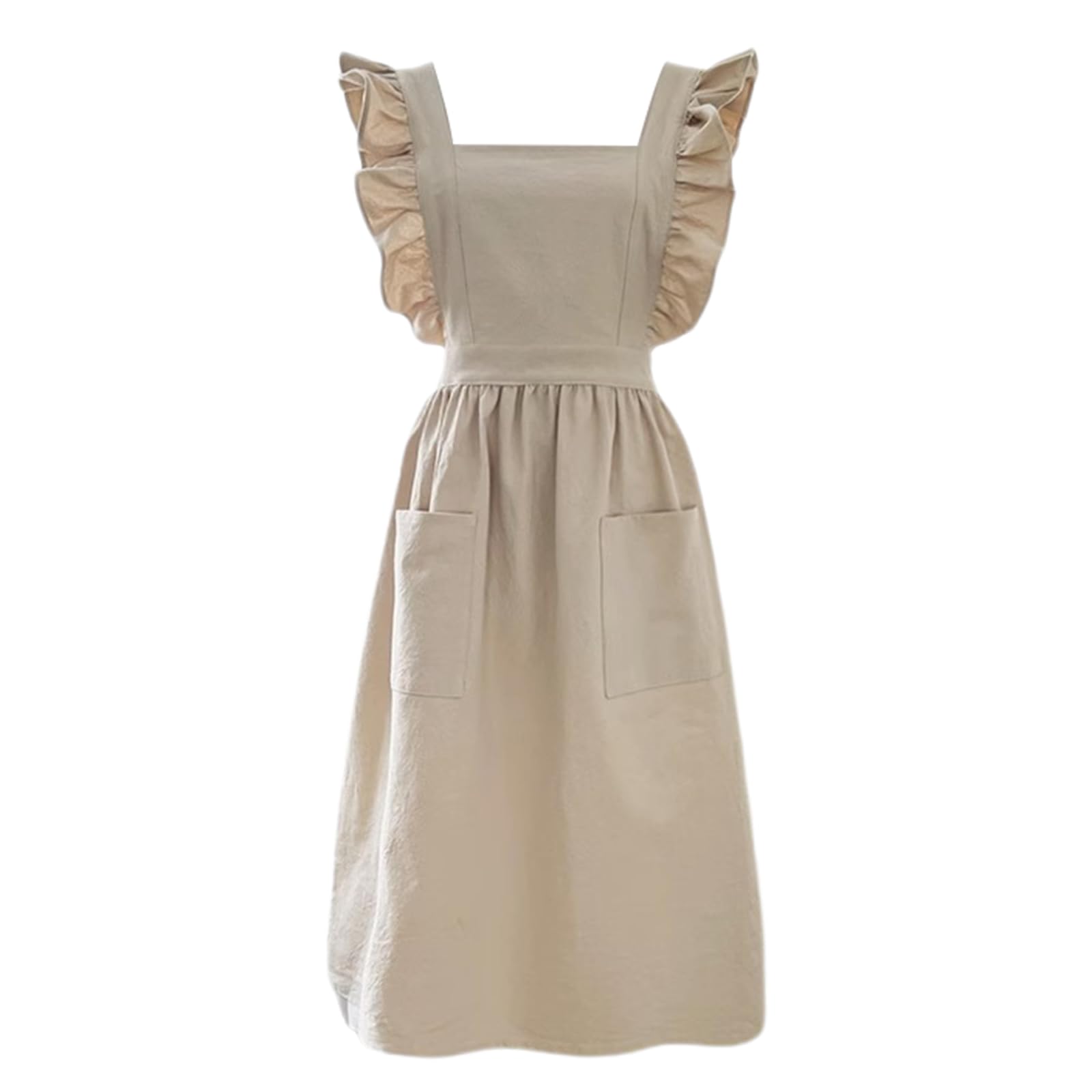 CBBEONRN Kitchen Cooking Aprons Dress for Women with Pockets Cotton Cute Aprons for Baking Painting Gardening Cleaning,One Size,Beige