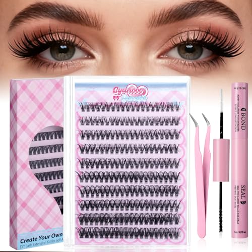 DIY Eyelash Extension Kit 200pcs 40D D Curl Individual Clusters 10-16mm Wispy Fluffy Natural Lashes with Dual-Brush Bond and Seal & Tweezer for Beginners Self Application At Home
