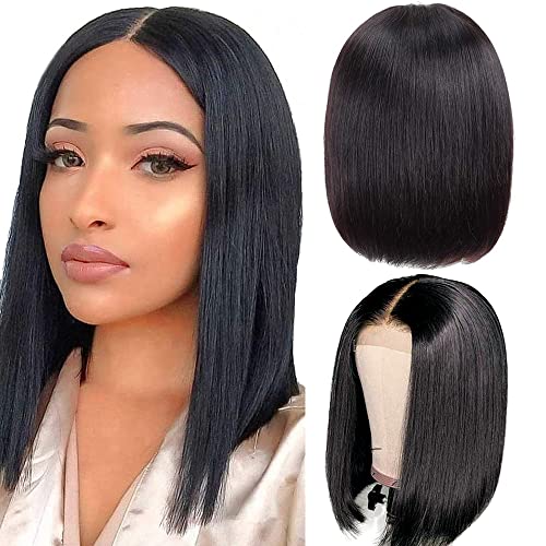 Sedittyhair Straight Bob Wigs 100% Brazilian Virgin Human Hair Machine Made Closure Pre Plucked Bob Wig 150% Density For Black Women 12"