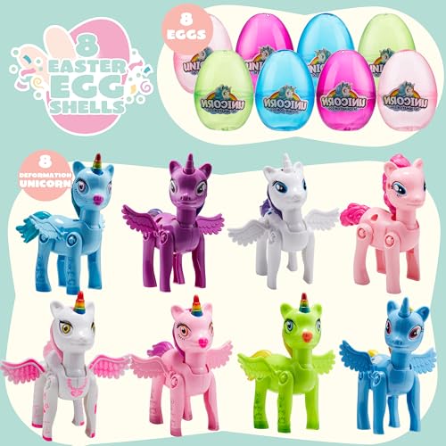 JOYIN 8 Pack Pre Filled Easter Egg with Unicorn Deformation Toys 3.5" 8.9 cm, Easter Party Favor for Girls Toddlers Kids Easter Egg Hunt, Basket Stuffers Filler, Classroom Prize Supplies