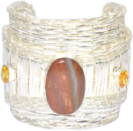 Handmade Design Natural Jasper Yellow Quartz Gemstone Silver Plated Cuff Bracelet