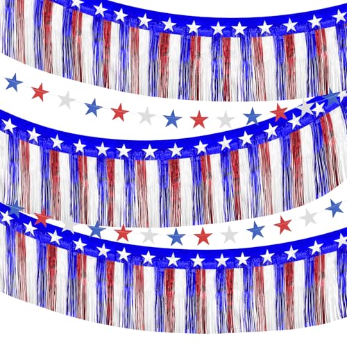 Image of 4 Pack 4th of July Decorations, 39 Feet Patriotic Foil Fringe Garland Independence Red White and Blue Metallic Tinsel Garland and for Flag Day Patriotic Party 250 Years
