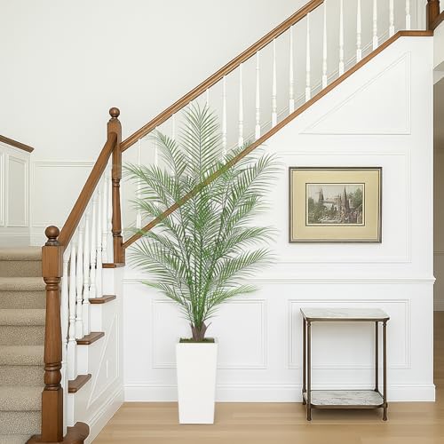 5FT Fake Palm Tree Faux Areca Palm Plants with 32 Full Lifelike Palm Leaves Realistic Trunks Fake Tropical Palm Tree for Indoor Home Outdoor Yard Décor with Lighting Tall Trapezoidal Prism White Pot