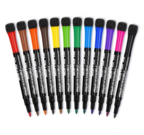 WISHOMEIN Whiteboard Marker, Magnetisch Whiteboard Stifte mit Schwamm Radiergummi, 12 Farben Feinspitze Trockenlösch Abwischbare Marker White Board Marker Pens für Büro, Schule, Zuhause usw