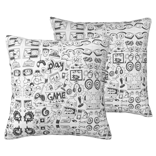 Juego de 2 fundas de almohada decorativas con estampado de videojuegos para niños, de tela de lino sintético, con cierre de cremallera invisible