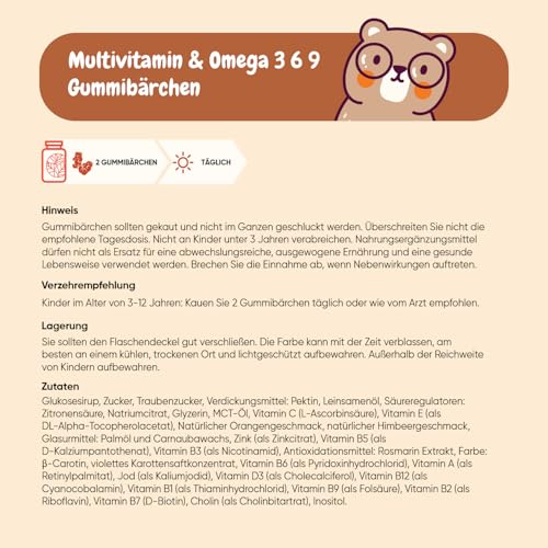 Multivitamin Gummibärchen für Kinder - Mit Omega 3 6 9, Vitamin C - 120 Multivitamin Kinder Gummies - Vitamin D3, B7, B12, E, B1, B2, B3, B5, B9 Jod, Zink - Mit Himbeer & Orangengeschmack - maxmedix