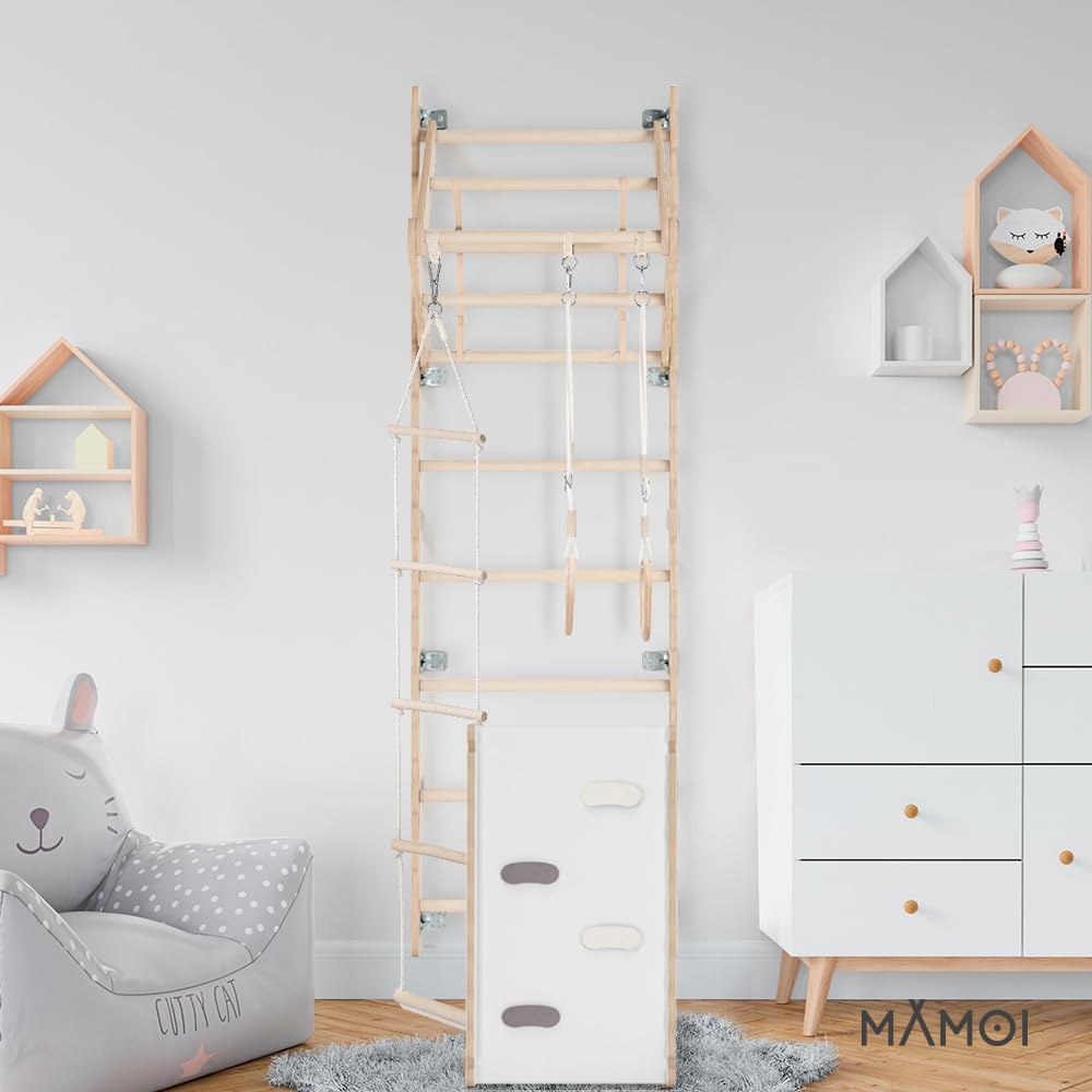 MAMOI® Spalliera Svedese, Parete Arrampicata per Palestra Bambini, Spalliera in Legno Naturale per Uso Interno, Parallele Ginnastica Artistica da casa