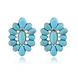 QLYOVWE Bohemian Western Natural Turquoise Geometric Flower Drop Dangle Earrings Statement Cowgirl Ethnic Boho Earrings Ethnic Teardrop Stud Earrings or Women Girls (Oval Green Flower)