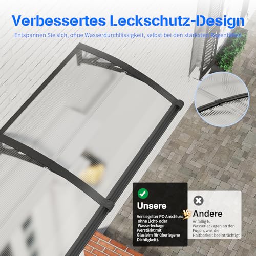 Vordach für Haustür,300x80cm Fenstervordach mit separater Entwässerung, Polycarbonat Pultvordach Überdachung für UV-, Regen- und Schneeschutz – Ideal für Veranda, Terrasse und Fenster