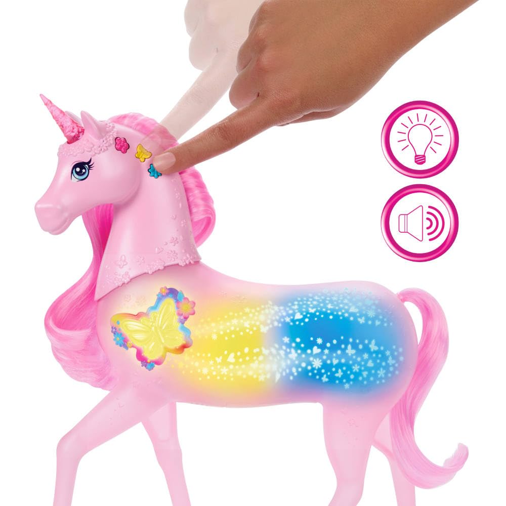 Barbie - Unicorno Luci Brillanti, cavallo con 20 combinazioni interattive di luci, suoni e musica, premi i pulsanti e accarezza la testa per attivarlo, giocattolo per bambini, 3+ anni, JCP78