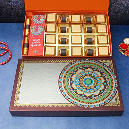 Image of Velvet Fine Chocolates Premium Rakhi Gift Hamper for Brother & Sister with Rakhi | Rakhi Gift Pack with 20 Assorted Chocolates, 2 Cranberry Chocolate Logs, 1 Fruit Nut Bar, 1 Chocolate Bar