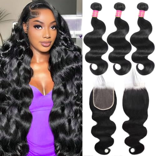 12A Body Wave Human Hair Bundles with Closure 22 24 26+20 Inch 5x5 HD Lace Closure 100% Brazilian Virgin Human Hair 3 Bundles with Closure Deals Hair Extensions Quick Weave Bundle Natural Black