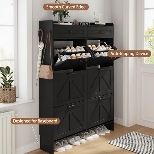 Image of Shoe Cabinet with 6 Flip Drawers & 2 Top Drawers, 57 inch Tall Freestanding Narrow Wooden Shoe Storage Organizer for Entryway, Hidden Slim Shoe Rack for Front Door Entrance, Hallway, Living Room, Black