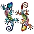 HONGLAND Metal Gecko Wall Art 2 Pack 15 Inch Lizard Outdoor Decor Hanging Glass Sculpture Decoration for Garden Fence Home