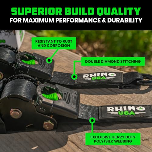 Image of Rhino USA Retractable Ratchet Straps (4-Pack) - 2 Inch x 10 Feet (3,033lb Break Strength) - Heavy Duty Auto Self Retracting Tie Down Straps for Truck, Cargo Trailer, Motorcycle, Rad & More - Black