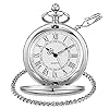 Tiong Vintage Pocket Watch with Chain Smooth Steel Quartz Unique Roman Numerals Silver Men's Pocket Watches #1