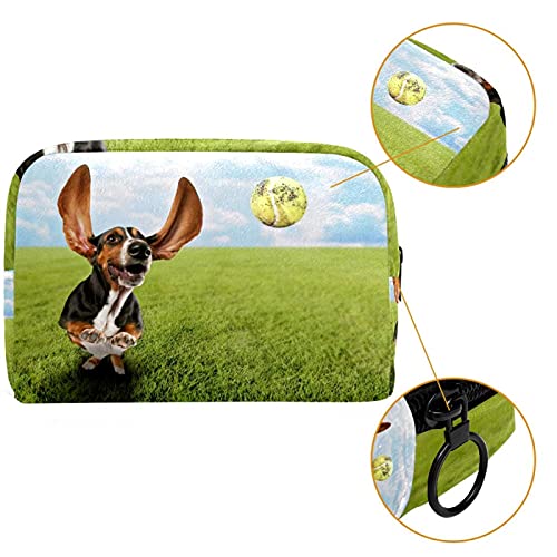 Basset Hound Dog Chasing Tennis Ball Travel Makeup Bag Large Cosmetic Bag Makeup Case Organizer Zipper Pouch For Women Girls #TOP3