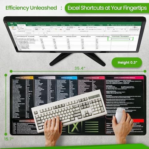 Large Excel Shortcut and Reference Mouse Pad | Extended Office Desk Mat with Excel Shortcuts & Formulas | Waterproof | XL Giant Deskpad for Desk Multispandex and Rubber 35.5" x 15.7"
