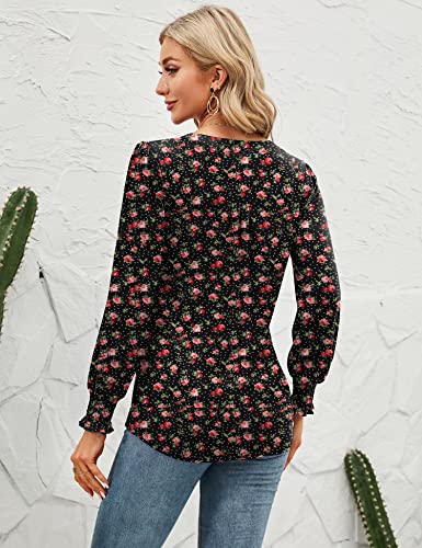 Micoson Womens Fashion Shirts Boho V Neck Puff Sleeves Pleated Tunic Tops Multicolored Fall Blouses With Smocked Cuffs Floral Polka Dots Xl #TOP5