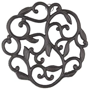 GASARÉ, Cast Iron Trivet for Hot Dishes, Pots, and Pans, Metal Trivet, Vine Plant Design, Rubber Feet Caps, Ring Hanger, 8 Inches, Brown, 1 Unit GASARE Cast Iron Trivet for Hot Dishes Pots and Pans Metal Trivet Vine Plant Design Rubber Feet Caps Ring Hanger 8 Inches Brown 1 Unit