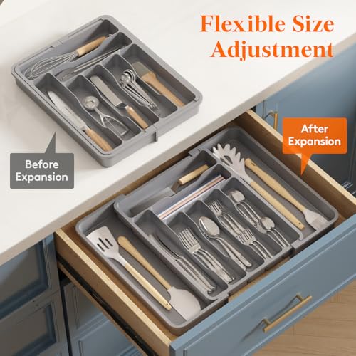Image of Lifewit Silverware Drawer Organizer, Expandable Utensil Organizer for Kitchen Drawers, Adjustable Cutlery and Flatware Tray, Plastic Spoons Forks Knives Holder Storage Dividers, Medium, Gray