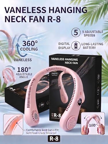 Image of Portable Neck Fan with Digital Display | 5-Speed Adjustable | 180 Cooling Bladeless Wearable Fan | Hair-Safe Hanging Design | Rechargeable Fan for Home Office Travel & Outdoor (Baby Pink)