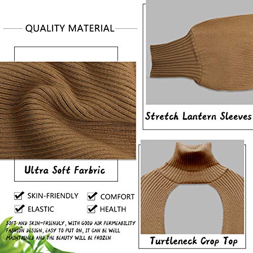 Image of High Collar Long Puff Sleeve Sweater Knitwear Solid Color Pullover Crop Top Ultra Short Turtleneck Sweatshirt