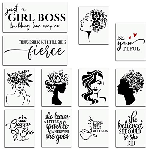 CINPIUK 12PCS Women Stencils for Painting on Wood, Wall, Tile, Canvas and Paper - Floral Female Face and Inspirational Quote Stencil Bundle DIY Home Wall Art Decor Wood Sign Crafts