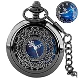 Tiong 懐中時計 中空 ブルー 星 デザイン ローマ数字 クォーツ チェーン付き クリスマス 誕生日プレゼント, ブラックブルー, レトロ。