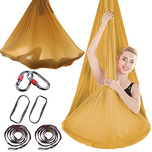 Viktion 4m * 2.8m Serviette de Yoga Aérienne Anti-Gravité Yoga Fitness Set | Hamac de Yoga Tissu Suspendu de Yoga avec Accessoires 2 * mousquetons, 2 * chaînes de Marche, 2 * Boucles (Or) Cover