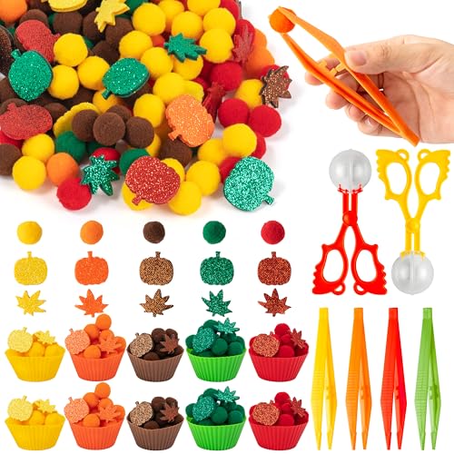 EZdhuawuse Fall Sensory Bin Fillers - 267Pcs Fall Thanksgiving Fine Motor Toys Autumn Sorting Stacking Toys for Kids, Glitter Felt Maple Leaf Pumpkin for Preschool Education Early Development Activity